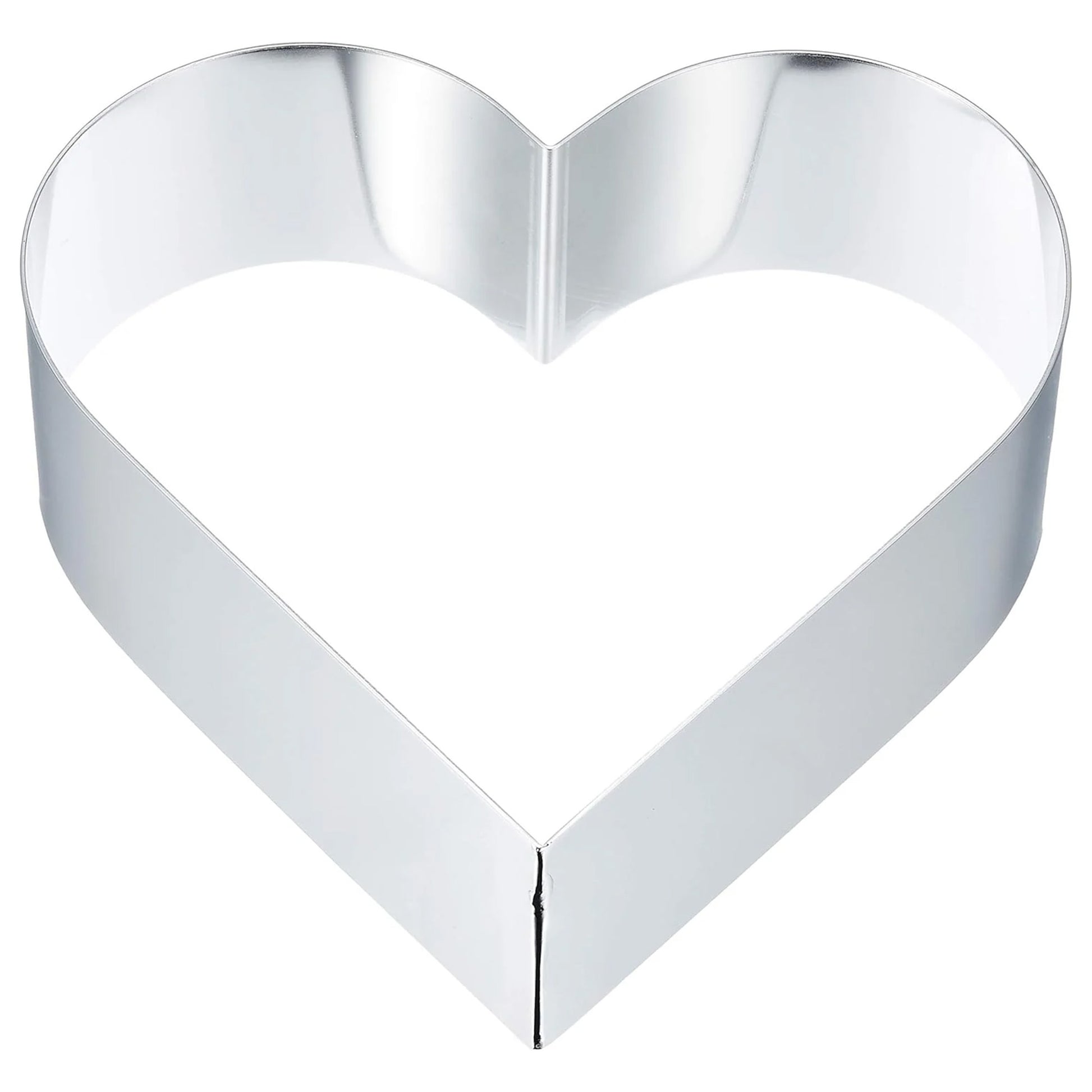 Silver heart-shaped aluminum baking ring on a white background.