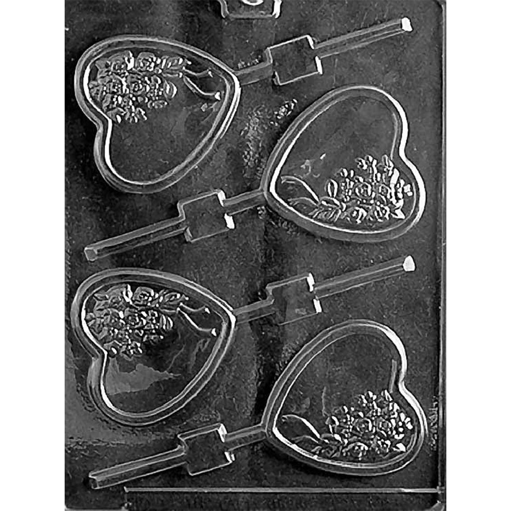 Clear plastic Heart with Bouquet Chocolate Lollipop Mold with four heart-shaped cavities featuring tied floral bouquets and built-in stick channels