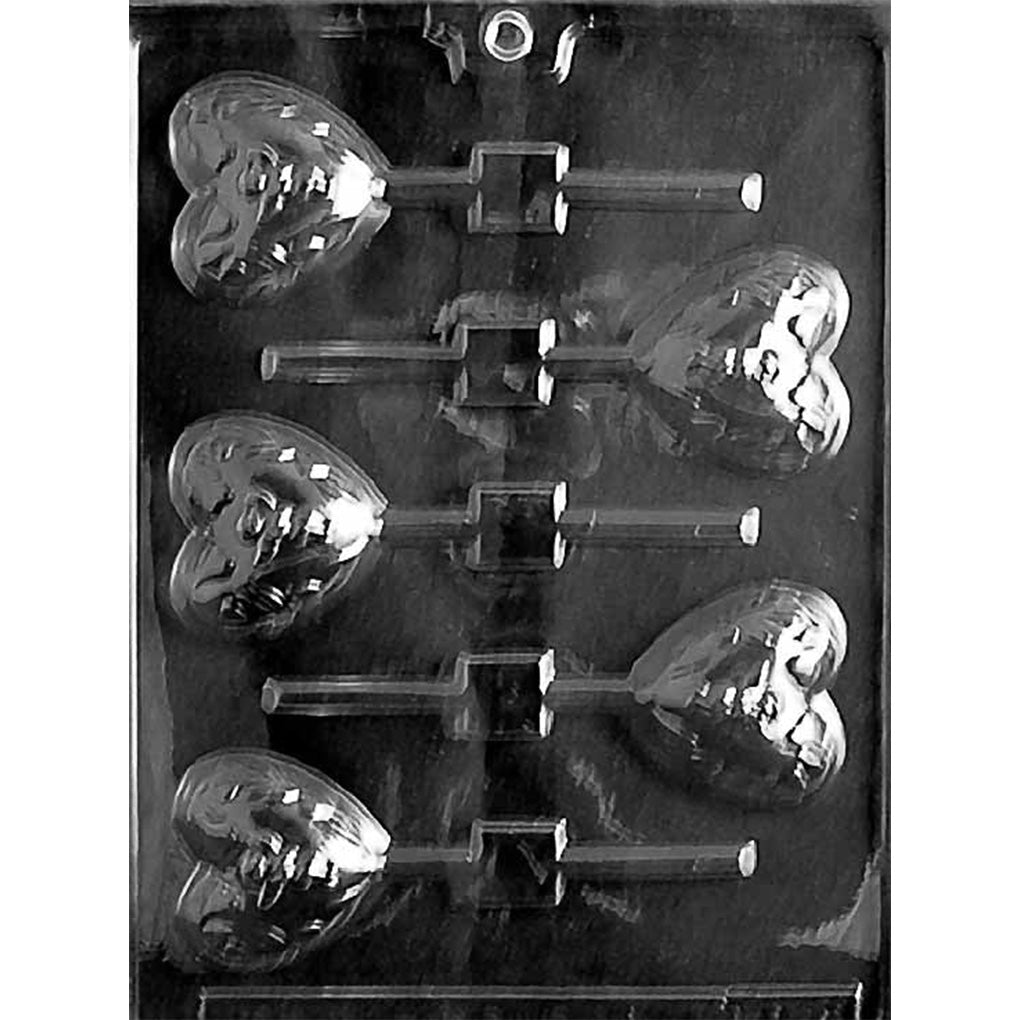 Clear chocolate lollipop mold with five heart-shaped cavities featuring a small cherub with angel wings, floral vines, and tiny heart shapes.
