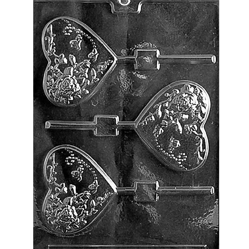 Clear Heart with Flowers Chocolate Lollipop Mold with three large heart cavities covered in roses, blossoms, and leaves