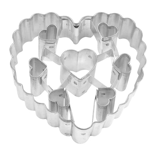 Metal heart-shaped cookie cutter with multiple small heart cutouts, designed for Valentine’s Day and wedding-themed baking.