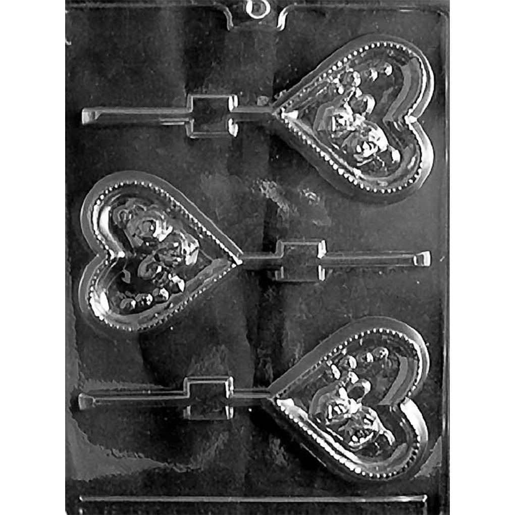 Three-cavity heart with rose bouquet chocolate lollipop mold featuring floral centers, beaded borders, and stick channels, 2 3/4 x 3 inches
