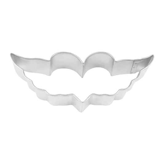 Silver heart with wings cookie cutter, showcasing its symmetrical design.