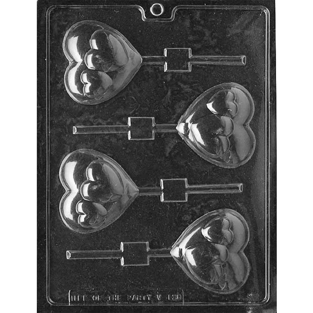 Clear plastic Hearts on Heart Chocolate Lollipop Mold with four large heart cavities, each featuring three smaller raised hearts and a stick channel