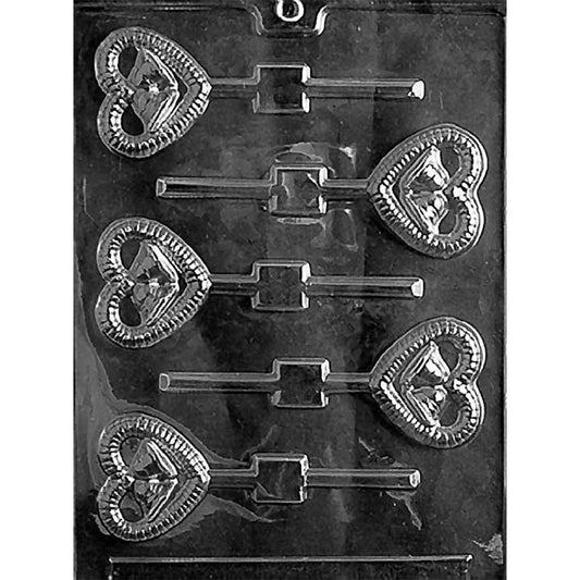 Clear plastic chocolate lollipop mold with five heart-shaped cavities, each featuring two wedding bells, a textured border, and a channel for a lollipop stick.