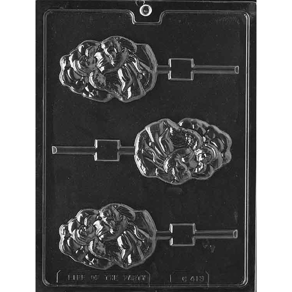 Clear plastic heavenly angel holding dove chocolate lollipop mold on dark background, showing three angel pops with clouds and stars for religious and Christmas candy making.