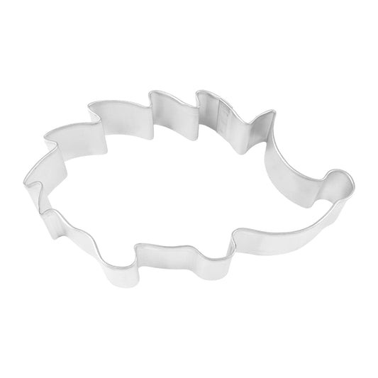 Overhead view of a metal hedgehog-shaped cookie cutter.