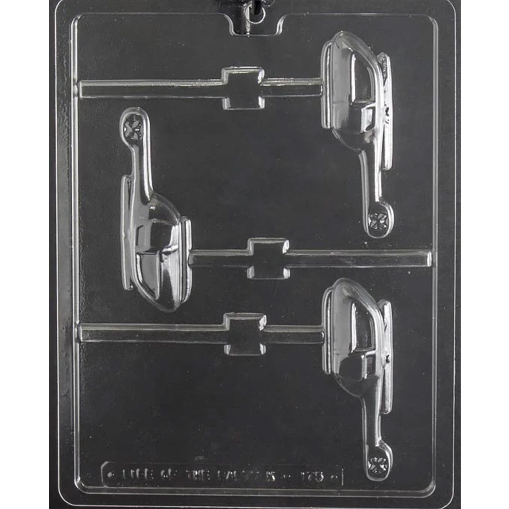 Clear Helicopter Chocolate Lollipop Mold with three side-view helicopter cavities featuring cockpit windows, rotors, tails, and stick slots