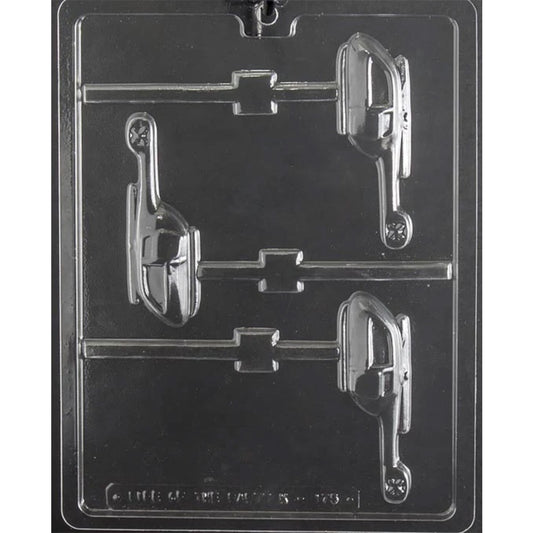Clear Helicopter Chocolate Lollipop Mold with three side-view helicopter cavities featuring cockpit windows, rotors, tails, and stick slots