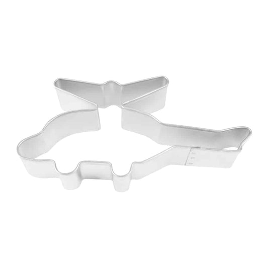 Steel helicopter-shaped cookie cutter, 5 inches wide, perfect for cutting helicopter-themed cookies.