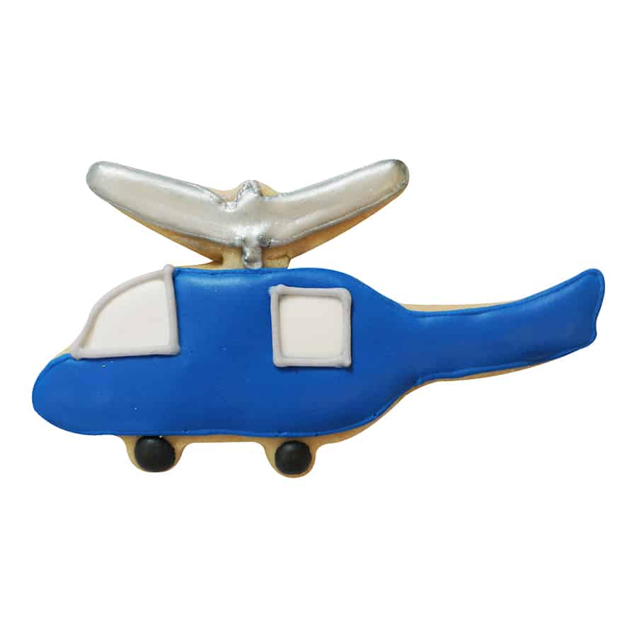 Decorated helicopter-shaped cookie with blue and silver icing, made using a 5-inch helicopter cookie cutter.