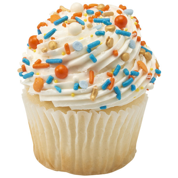 A vanilla cupcake with white frosting decorated with the Hello Fall Deluxe Sprinkle Blend, showcasing a mix of colorful sprinkles, pearls, and quins in orange, blue, and gold.