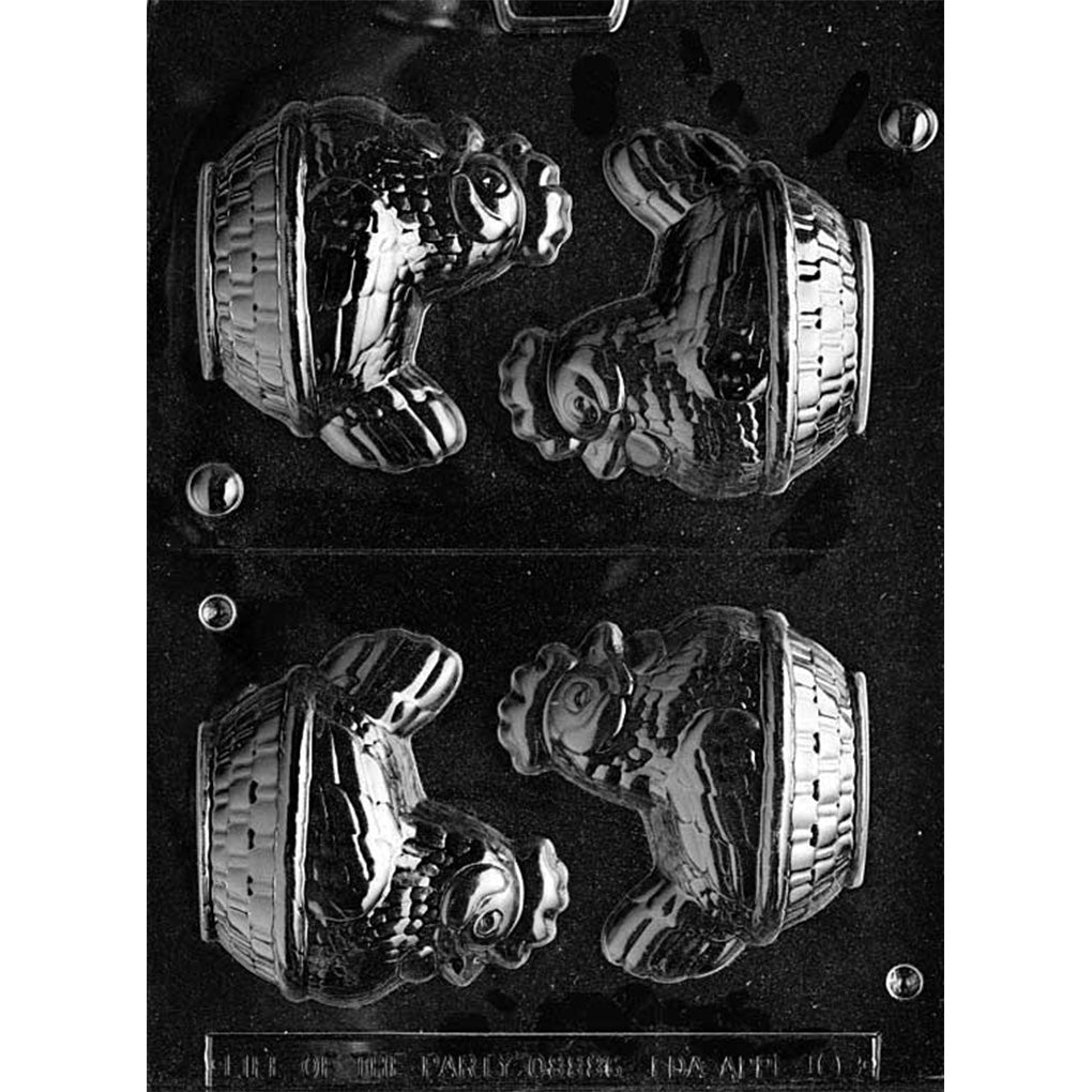 Clear plastic hen in a basket 3D chocolate mold sheet with four hen-in-basket cavities split by a center cut line, designed to form two halves for a hollow 3D chicken sculpture.