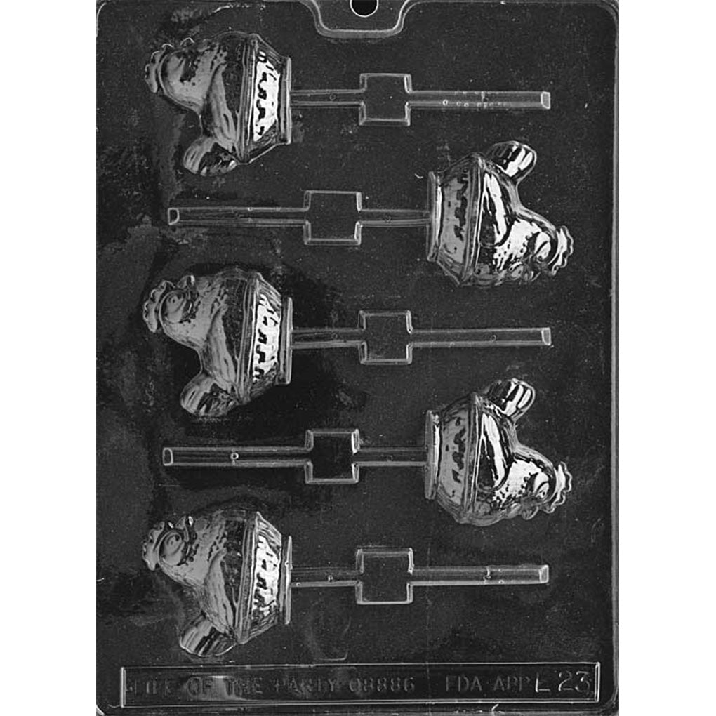 Clear plastic chocolate lollipop mold with hen sitting in a woven basket design, repeated across cavities with built-in stick slots on a dark background.
