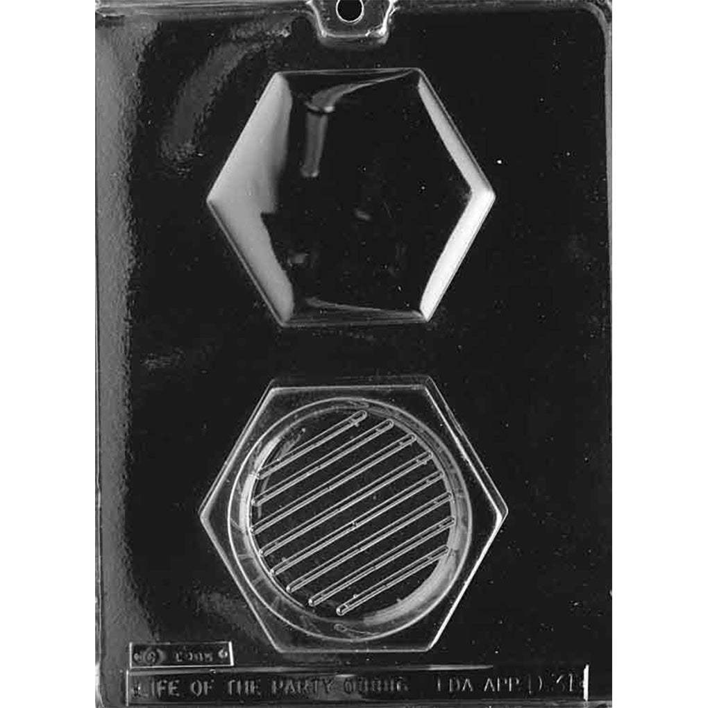 Hexagon pour box chocolate mold showing lid cavity above and matching hexagon base cavity below