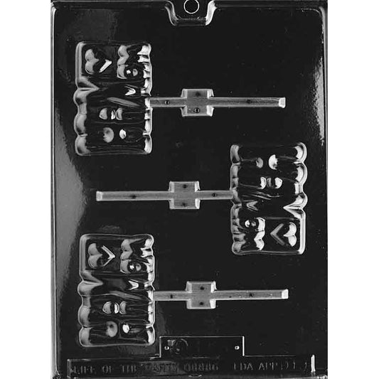 Clear plastic chocolate lollipop mold with three cavities shaped like rectangular pops featuring the message “Hi! Mom” in playful bubble lettering.