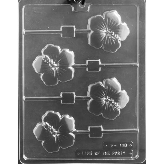 Clear plastic chocolate lollipop mold with five hibiscus flower cavities shaped for tropical-themed chocolate pops.