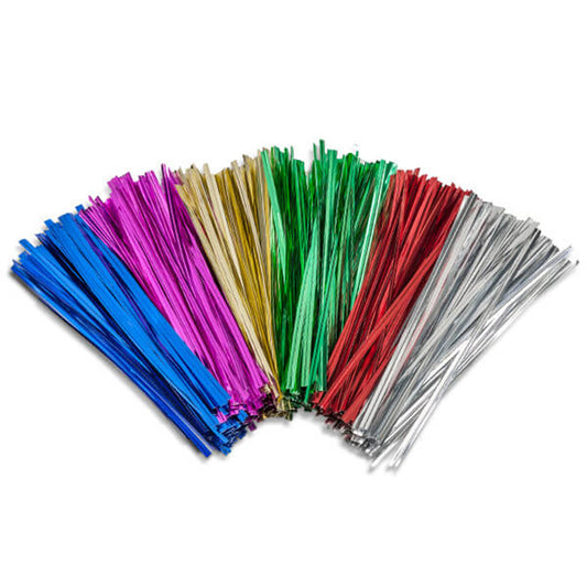 Fan of high gloss metallic twist ties in assorted colors including blue, purple, gold, green, red, and silver, arranged on a white background.