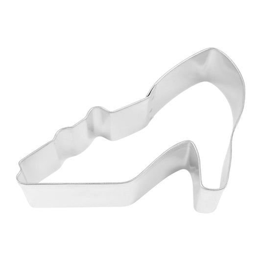 Tinplated steel high heel shoe cookie cutter, measuring 4 inches wide.