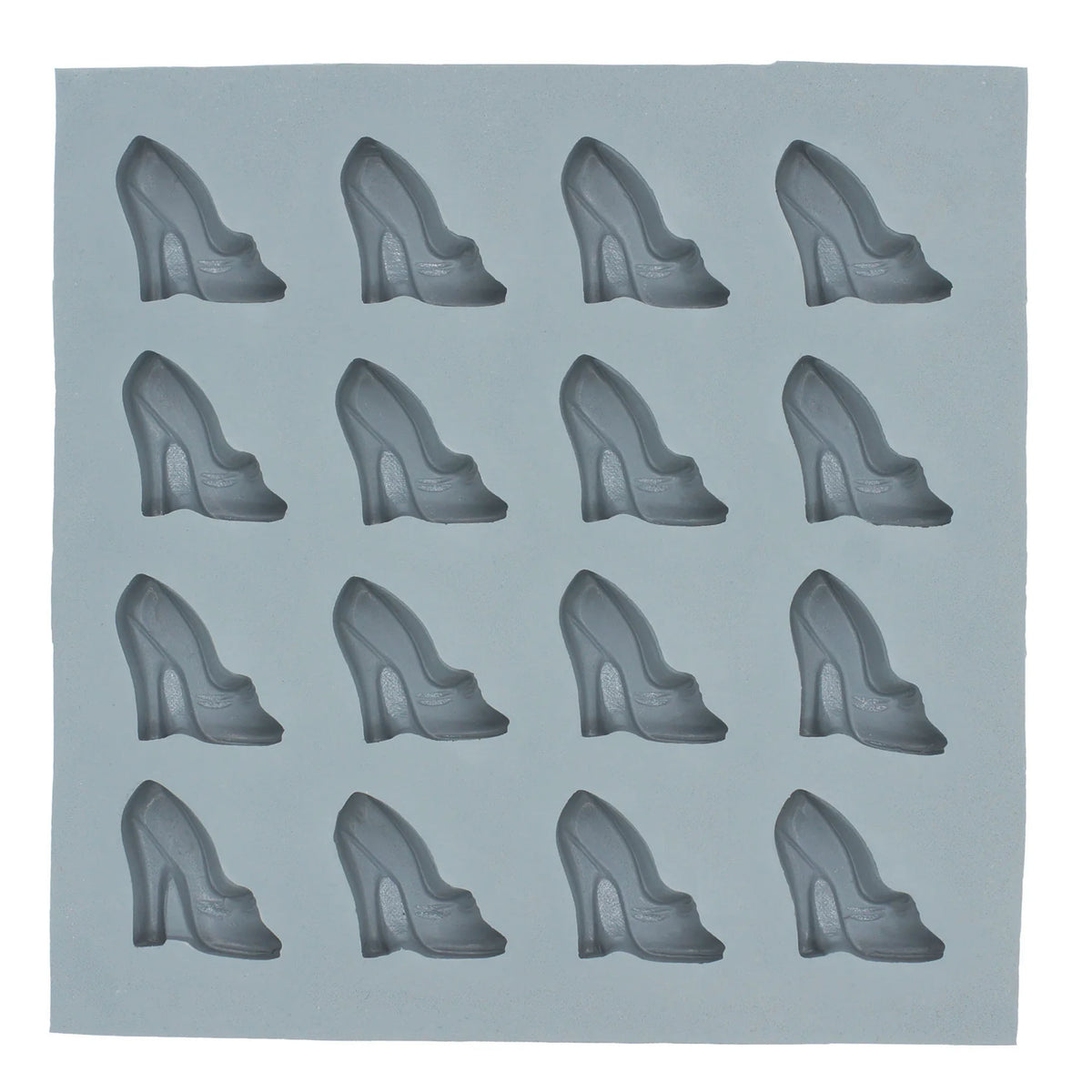 Full sheet gray natural rubber mint mold with 16 high heel shoe cavities arranged in four rows.
