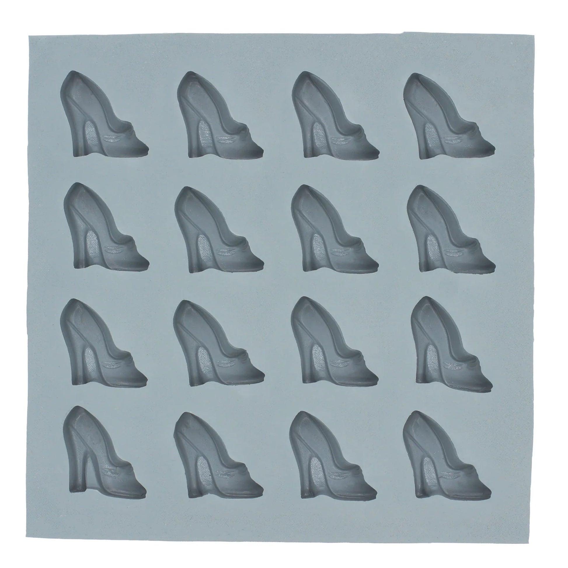 Full sheet gray natural rubber mint mold with 16 high heel shoe cavities arranged in four rows.