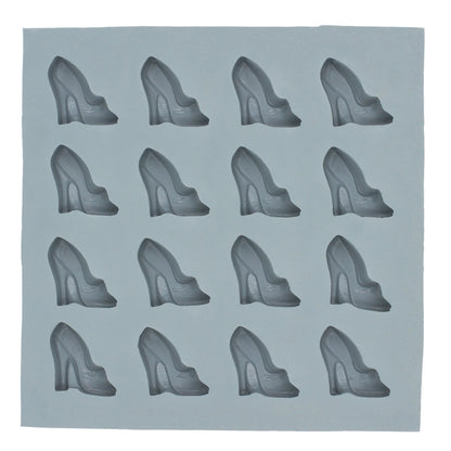 Full sheet gray natural rubber mint mold with 16 high heel shoe cavities arranged in four rows.