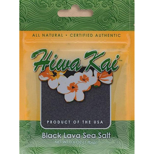 Hiwa Kai Black Lava Sea Salt 0.6 oz style retail pouch with green patterned background, orange border, and hibiscus flowers on the front label.