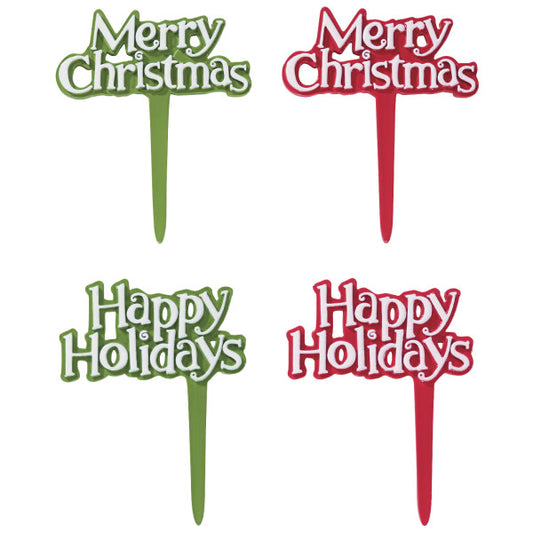 Green and red “Merry Christmas” and “Happy Holidays” plastic cupcake picks shown on a white background.