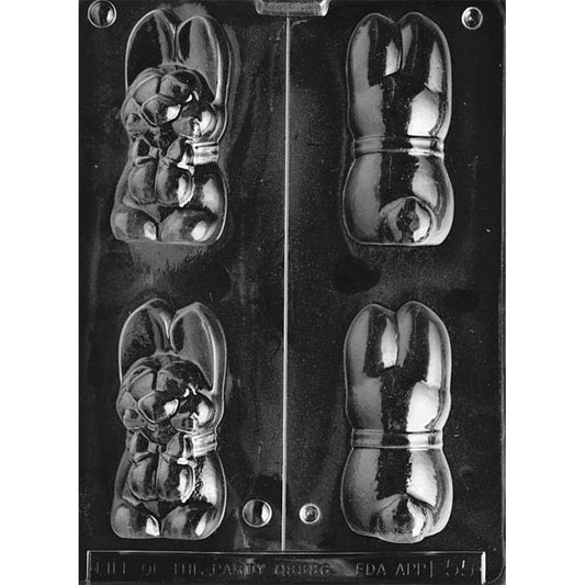 Clear plastic 3D chocolate mold showing two front bunny halves with a chunky seated rabbit face and paws, alongside two smooth back halves, separated by a center line.