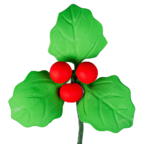 Gum paste holly sprig with three textured green leaves and three bright red berries on a short wire stem, shown on a white background.