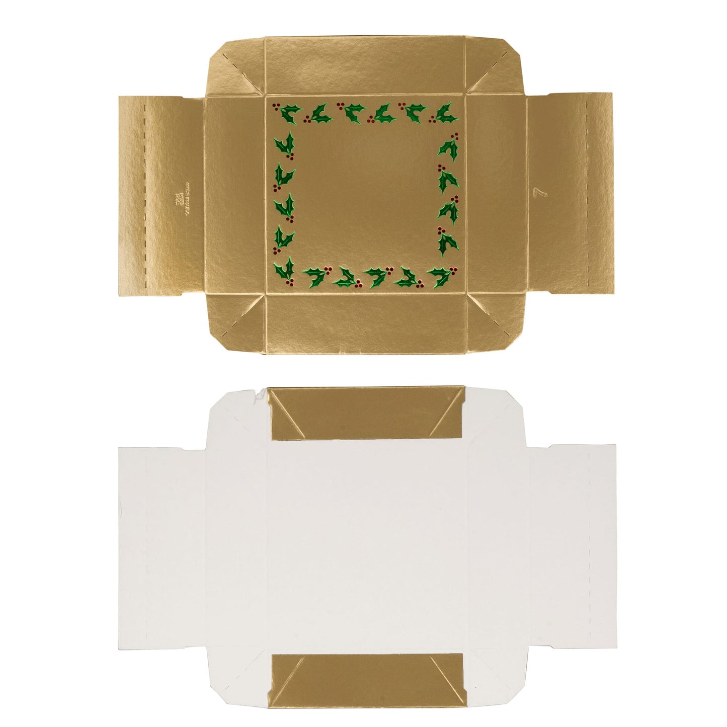 Unassembled gold box lid with holly-and-berries border shown flat above an unassembled white box base with gold corner panels on a white background.
