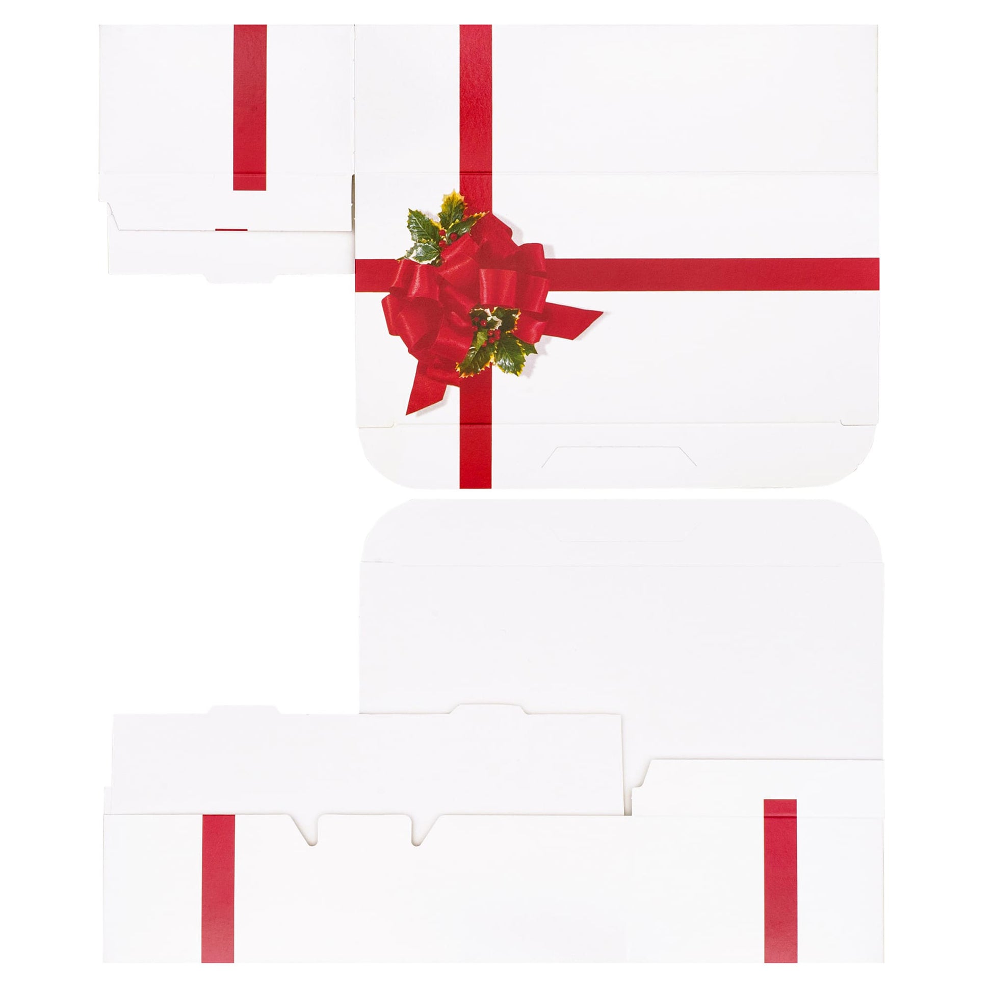 Unassembled white one-piece candy box shown flat with a printed red ribbon and holly bow design across the lid panel.