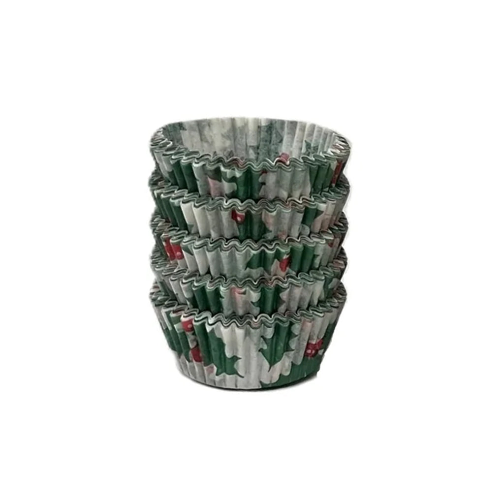 Stack of holly-print size #5 fluted candy cups with green leaves and red berries.