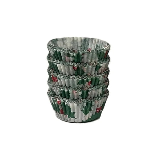 Stack of holly-print size #5 fluted candy cups with green leaves and red berries.