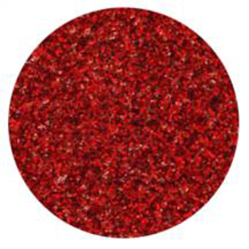 Round close-up view of Hollywood Red Galaxy Glitter Dust showing dense fine glitter in a vivid red shade with sparkling reflective highlights.