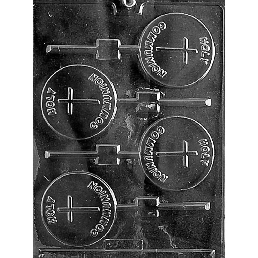 Clear plastic chocolate lollipop mold with five round cavities featuring a centered cross and raised “Holy Communion” text around the circle, with stick channels for making Communion chocolate pops.