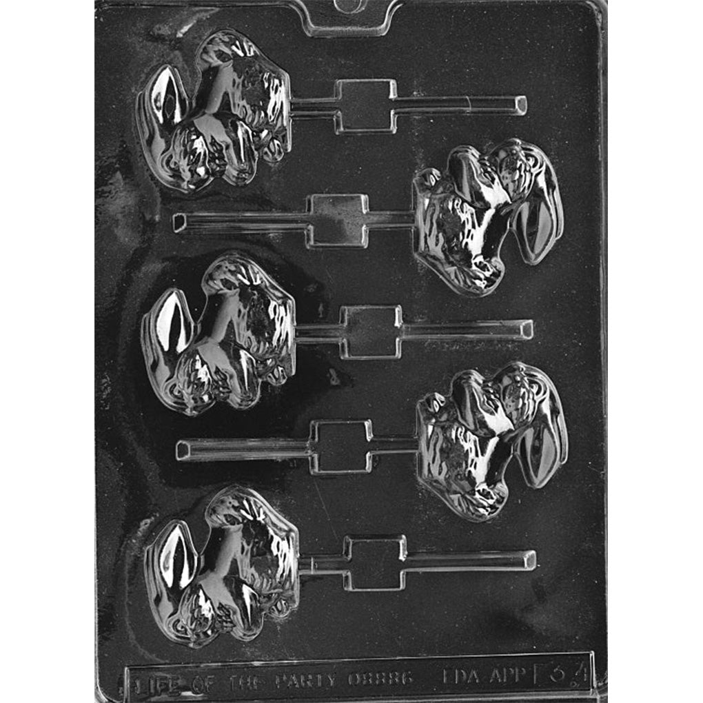 Clear plastic chocolate lollipop mold with hopping bunny cavities, showing a rabbit in a mid-hop pose with long ears and built-in stick slots on a dark background.