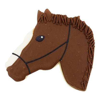 Horse head-shaped sugar cookie decorated with brown icing, a black bridle, and realistic mane details.