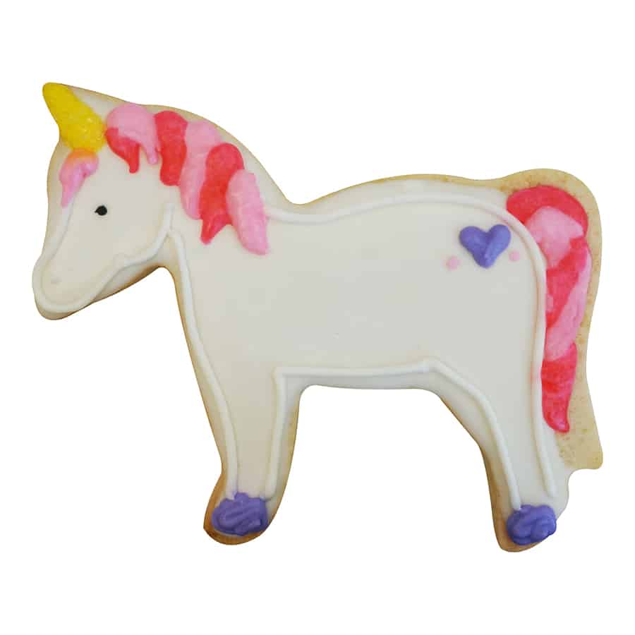 Decorated horse cookie with a white icing base, pink and red mane, a yellow horn, and purple hooves, designed to resemble a unicorn.