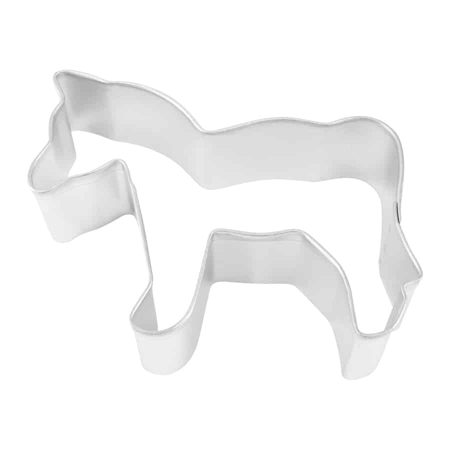 Metal cookie cutter shaped like a horse or donkey, featuring detailed curves for the legs, head, and tail.
