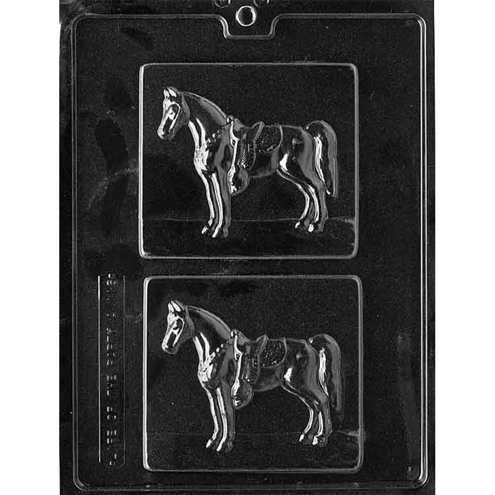 Clear plastic chocolate mold photographed on a dark background with two square cavities, each featuring a standing horse with a saddle centered inside a framed square bar.