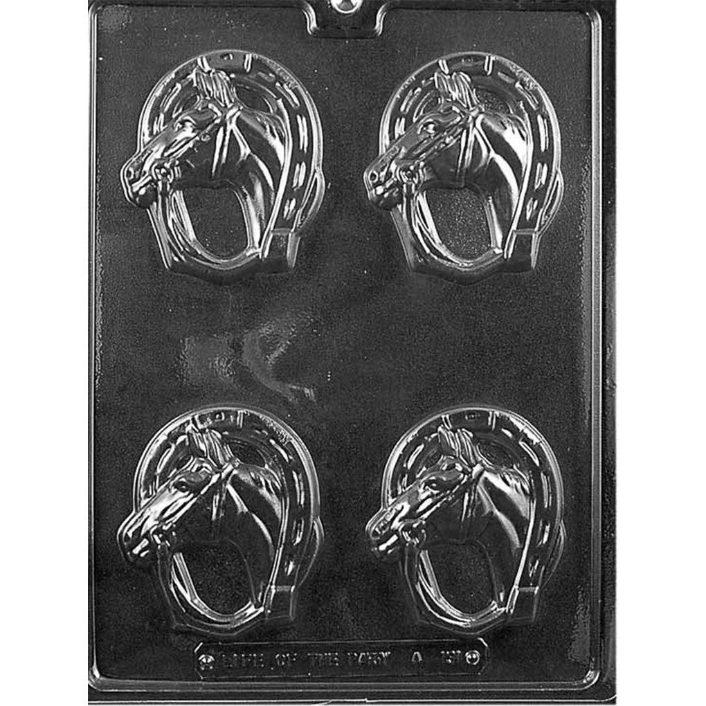 Horseshoe with Horse chocolate mold featuring four matching cavities with raised horse heads, bridles, manes, and horseshoe frames