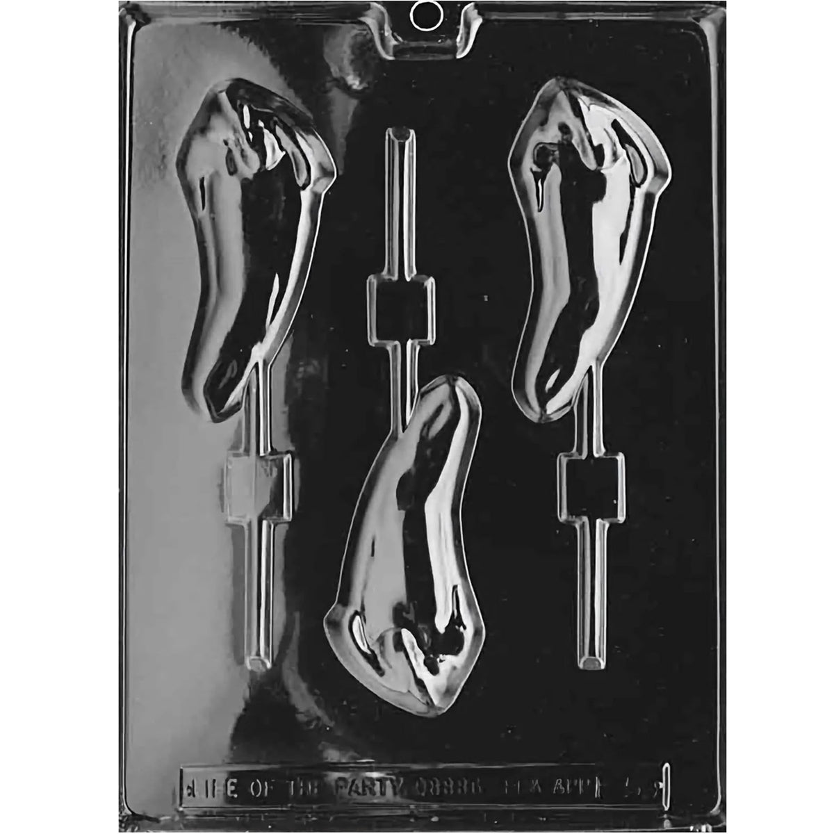 Clear Hot Pepper Chocolate Lollipop Mold photographed against a black background with 3 long curved chili pepper cavities and built-in stick channels.