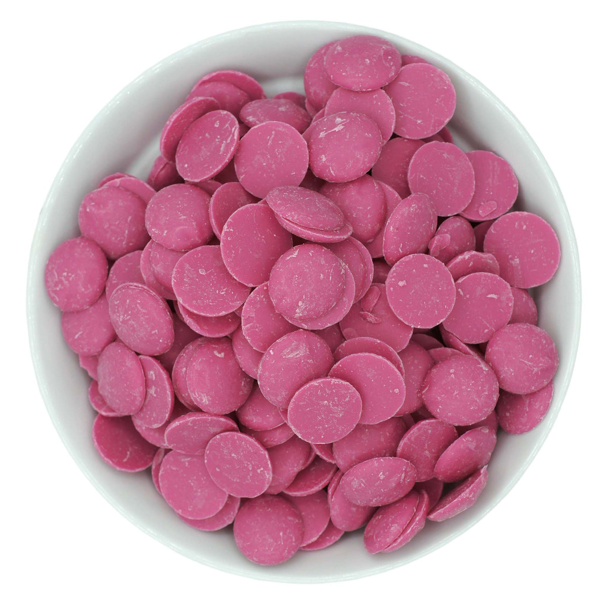 Pink candy melting wafers in a white bowl, shown from overhead on a white background.
