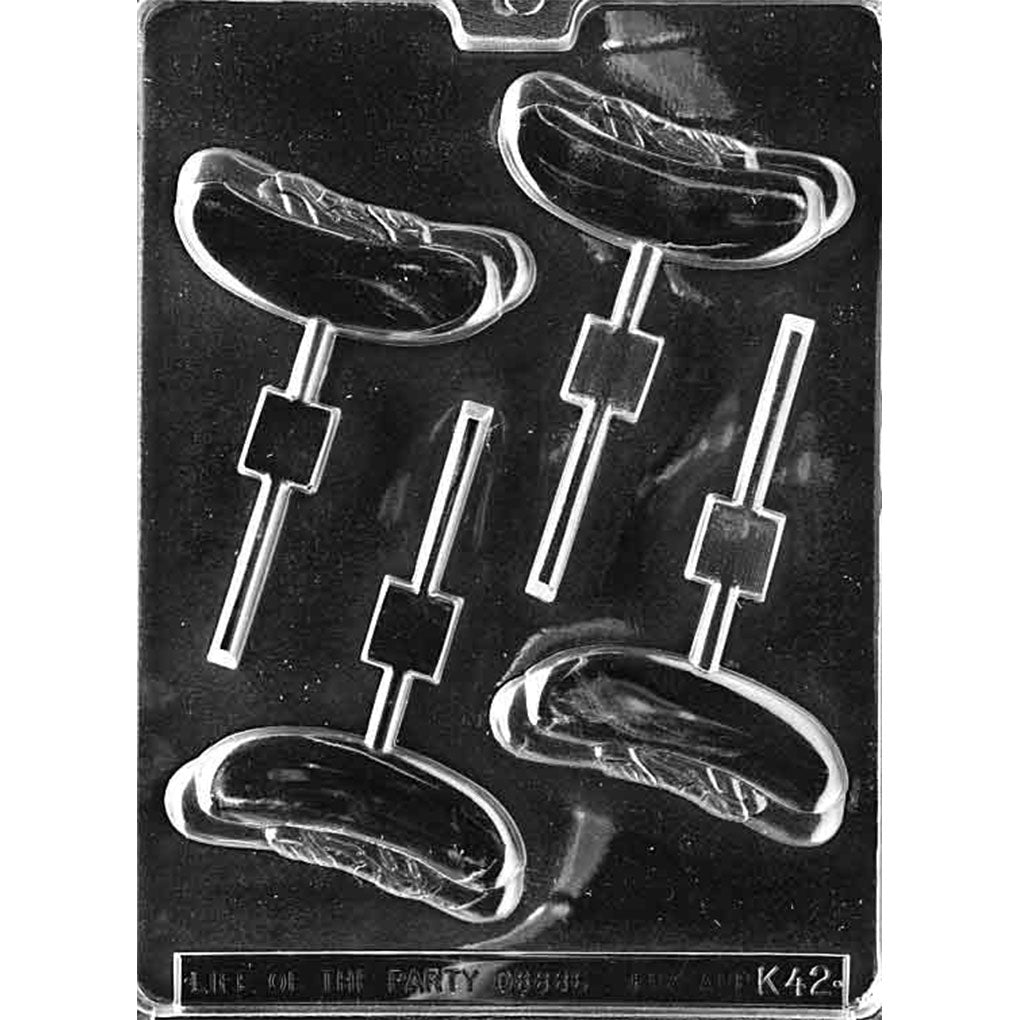 Four-cavity hot dog chocolate lollipop mold with detailed buns, diagonal topping lines, and built-in stick channels