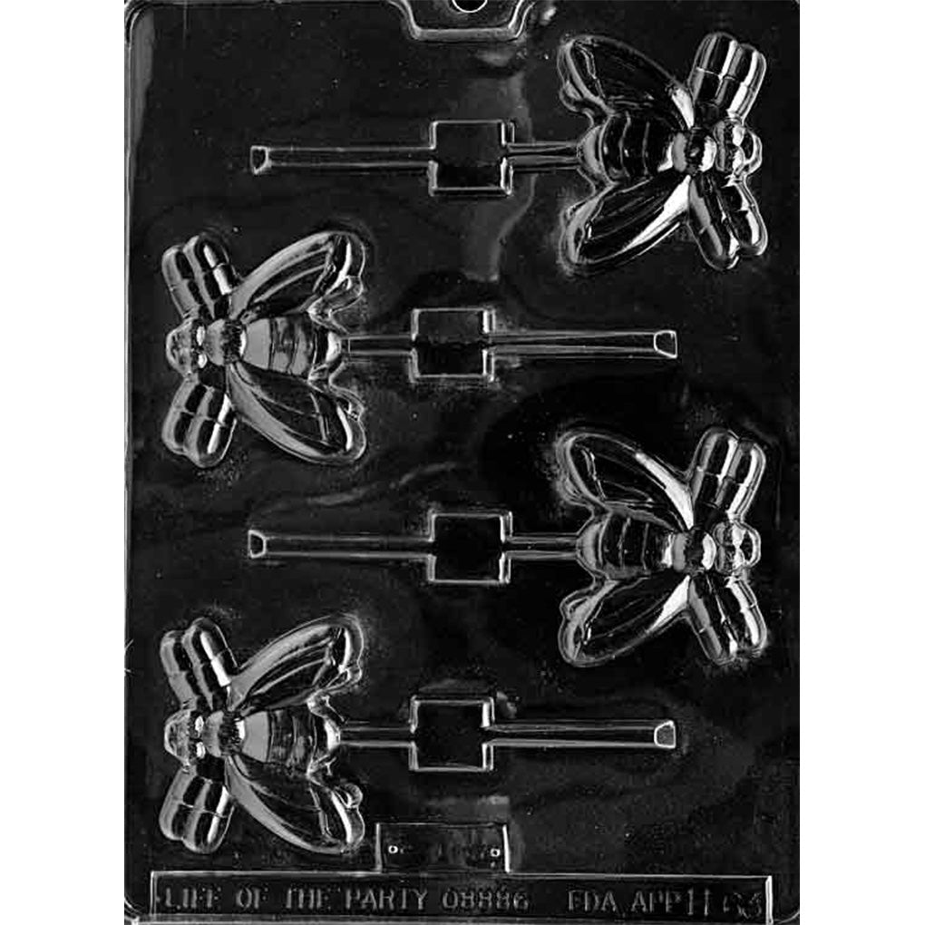 Clear plastic chocolate lollipop mold with four house fly cavities, each showing wings, segmented bodies, and stick channels for Halloween candy making.