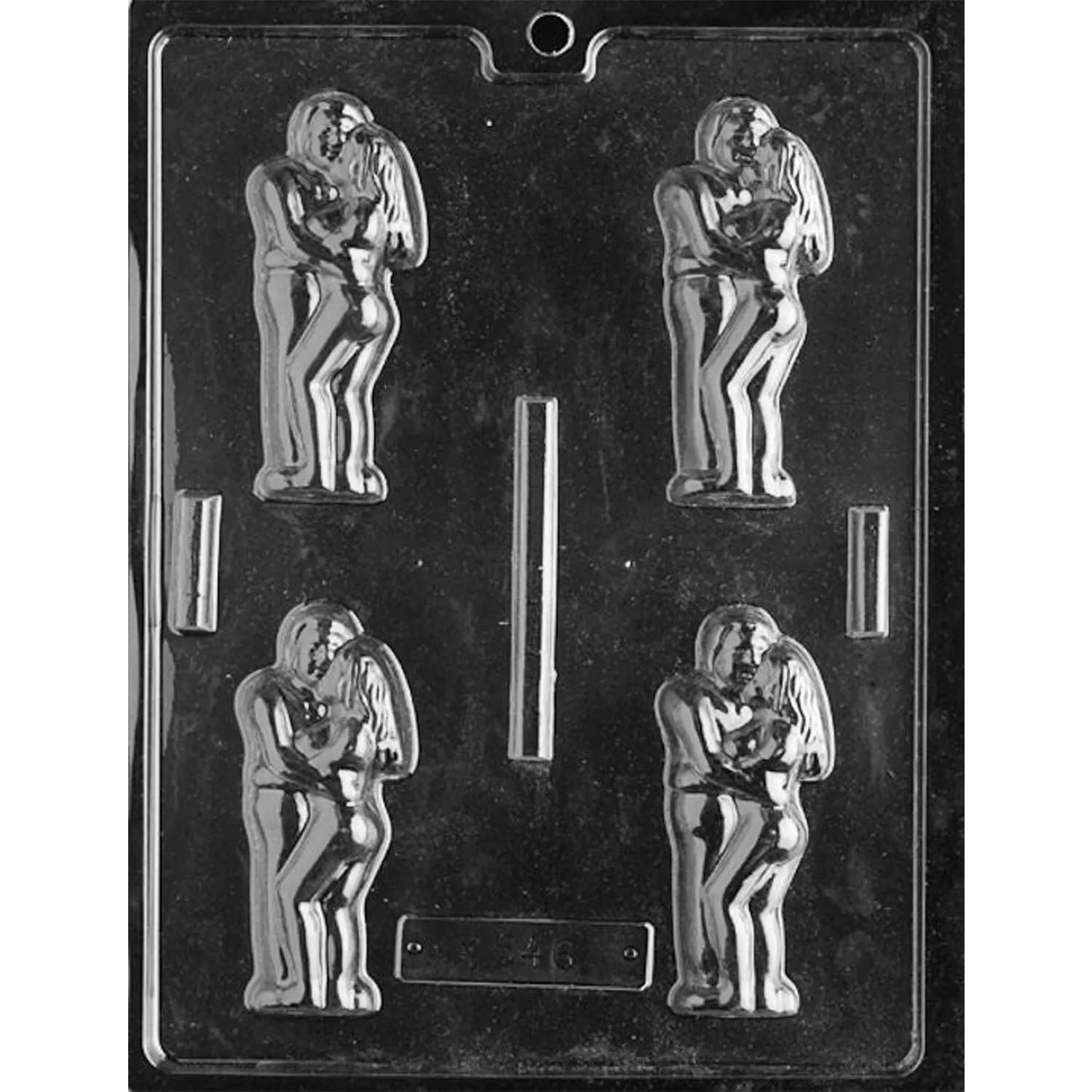 Clear Adult Hugs Chocolate Mold photographed against a black background, showing four matching cavities shaped like an adult couple standing in a close, suggestive embrace.