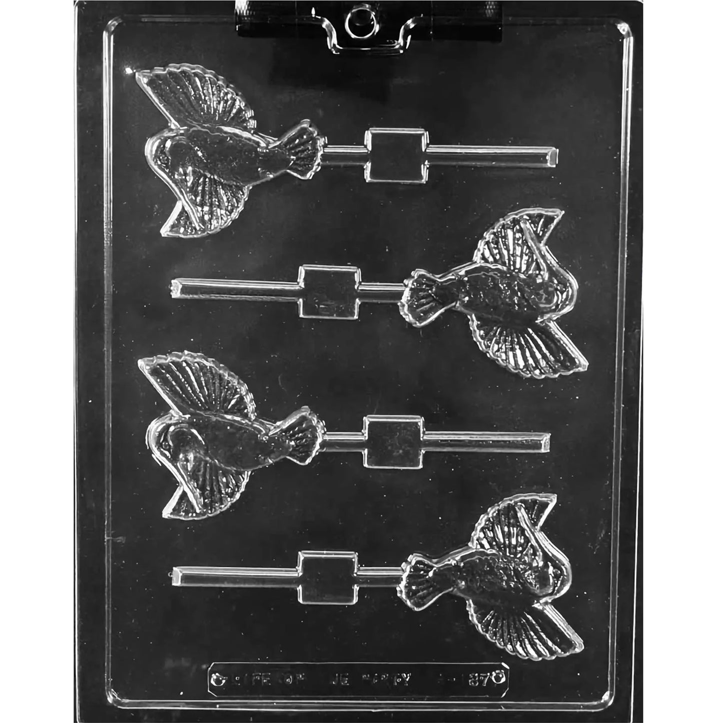 Clear plastic chocolate lollipop mold photographed on a black background with four hummingbird-shaped lollipop cavities, each showing spread wings, feather lines, and a long beak with stick channels.