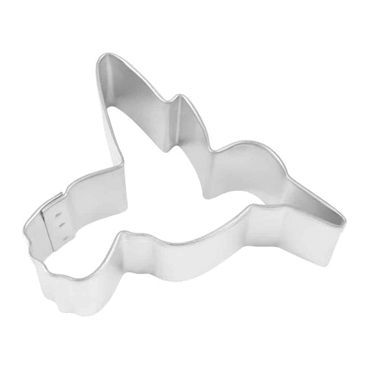 Metal hummingbird-shaped cookie cutter with a smooth, silver finish.