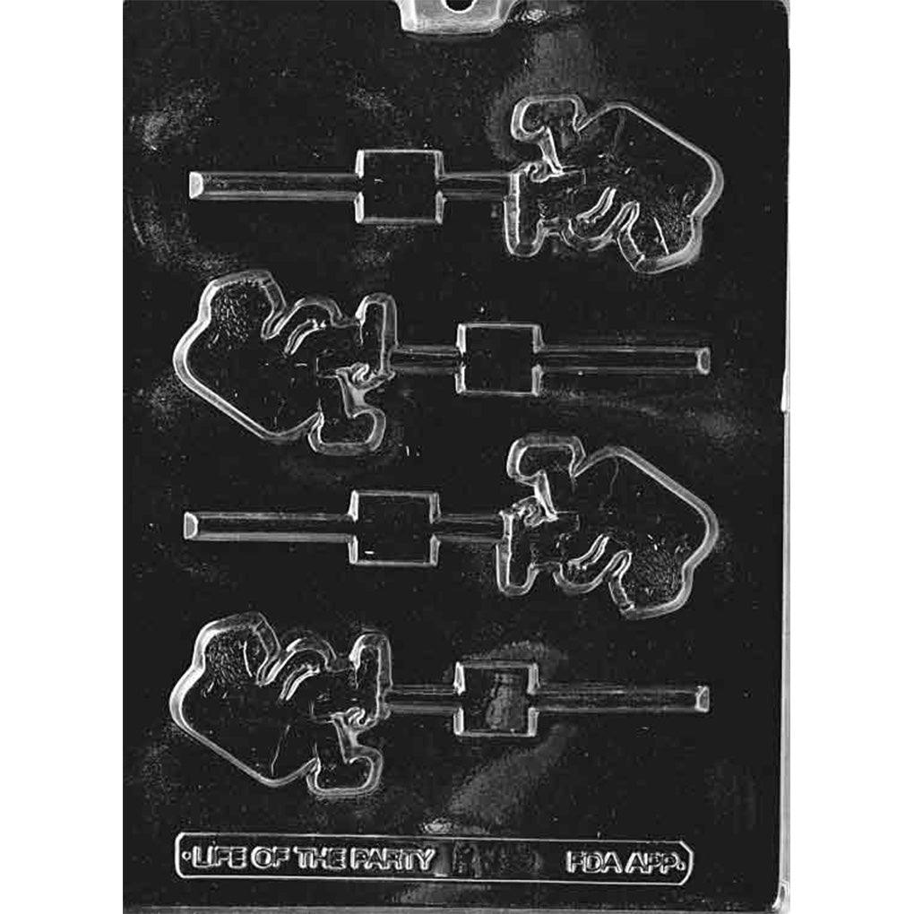 Four-cavity hunchback chocolate lollipop mold with 2 1/4-inch crouched profile figures, curved backs, bent arms, shoes, and built-in stick channels.